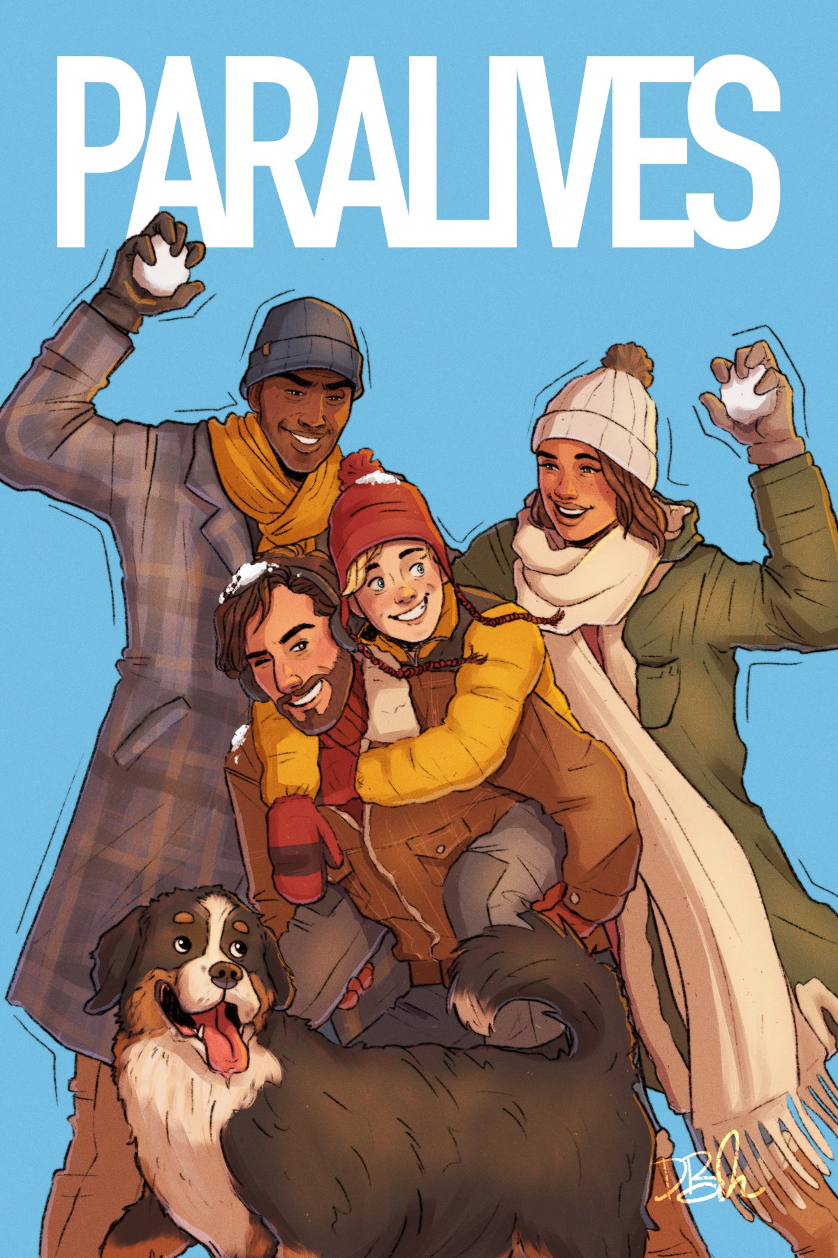 Poster com o desenho de uma família vista de frente brincando com bolas de neve